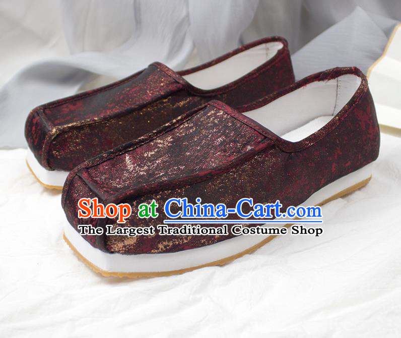 Chinese Traditional Song Dynasty Scholar Shoes Handmade Ancient Official Dark Red Satin Shoes