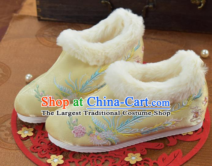 China Embroidered Phoenix Yellow Cloth Shoes Traditional Winter Shoes National Ankle Boots