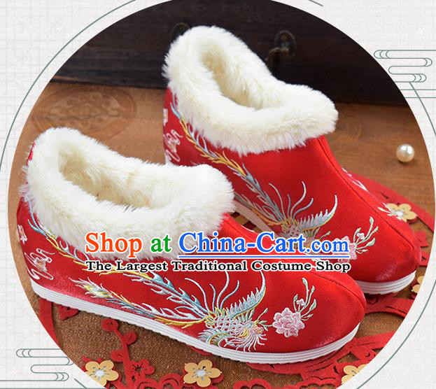 China National Ankle Boots Embroidered Phoenix Red Cloth Shoes Traditional Winter Shoes