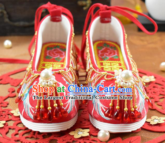 China Wedding Shoes Traditional Hanfu Shoes National Embroidered Phoenix Red Cloth Shoes