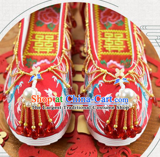 China Wedding Shoes Traditional Hanfu Shoes National Embroidered Phoenix Red Cloth Shoes