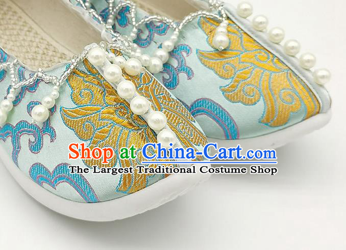 China Handmade Light Blue Brocade Shoes Traditional Song Dynasty Princess Shoes Classical Pearls Shoes