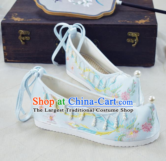 China Women Hanfu Shoes National Embroidered Phoenix Light Blue Cloth Shoes Traditional Wedding Shoes