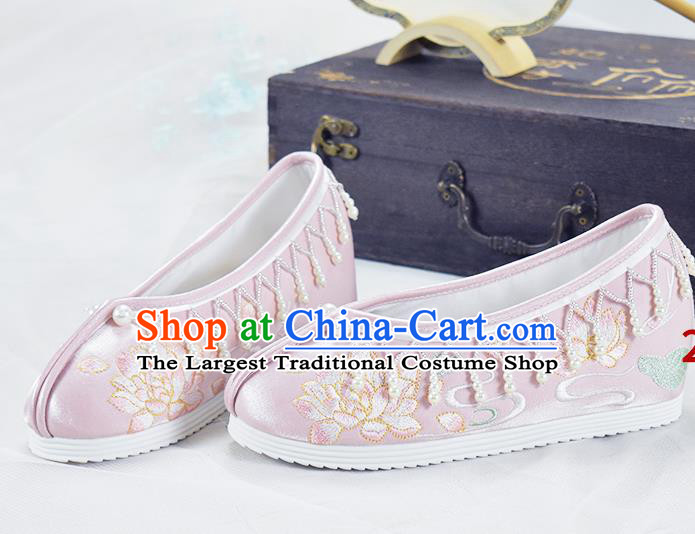 China National Embroidered Lotus Shoes Pink Cloth Shoes Traditional Beads Tassel Shoes Women Hanfu Shoes