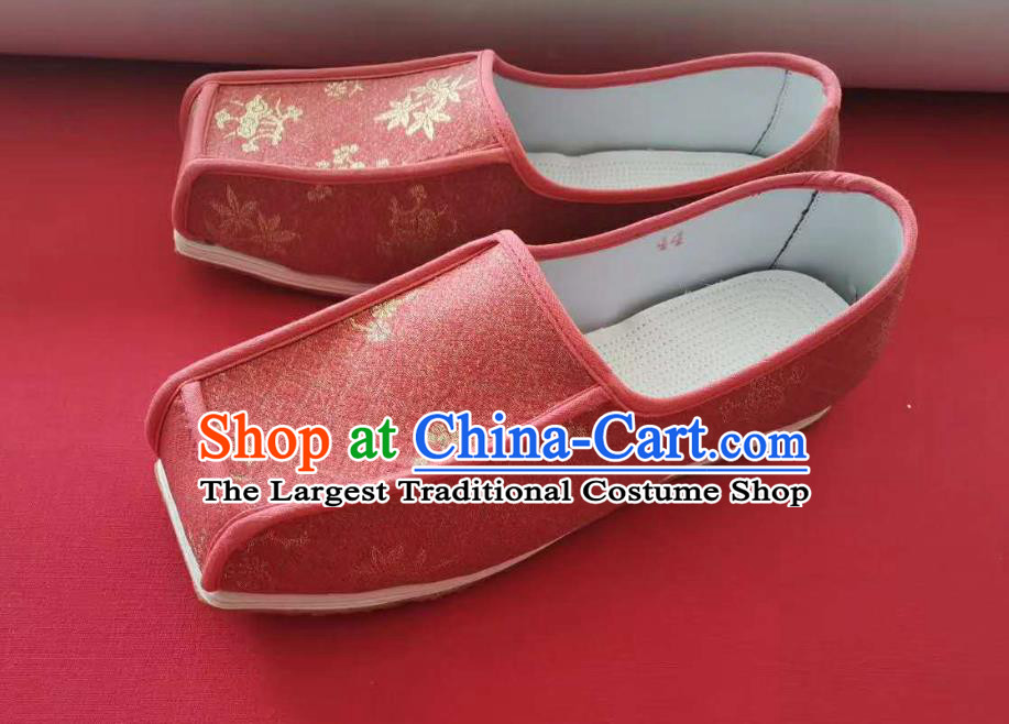 Chinese Traditional Song Dynasty Scholar Hanfu Shoes Ancient Official Shoes Handmade Wine Red Satin Shoes