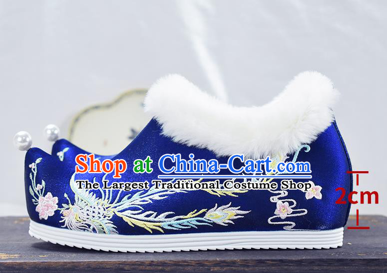 China National Embroidered Phoenix Shoes Royalblue Cloth Shoes Traditional Winter Shoes Women Hanfu Shoes
