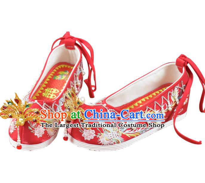 China Women Red Embroidered Shoes Wedding Pearls Shoes Traditional Xiuhe Suit Golden Phoenix Shoes