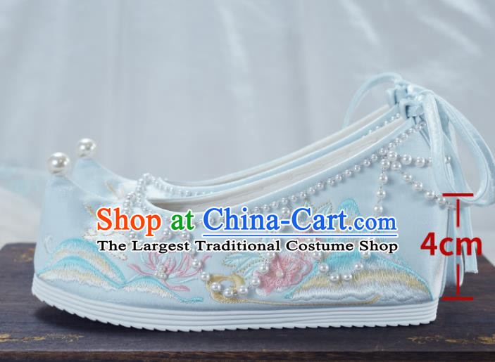 China National Beads Shoes Traditional Hanfu Shoes Women Light Blue Embroidered Shoes