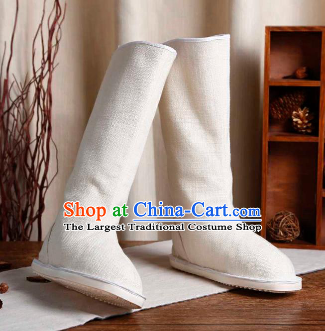 Chinese Traditional Ming Dynasty White Flax Boots Handmade Ancient Young Knight Swordsman Shoes
