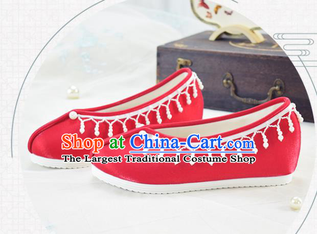 China National Women Beads Tassel Shoes Traditional Hanfu Shoes Wedding Red Satin Shoes