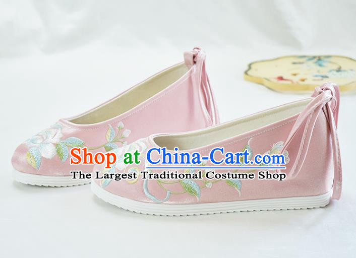 China National Pink Cloth Shoes Traditional Women Hanfu Shoes Embroidered Peony Shoes