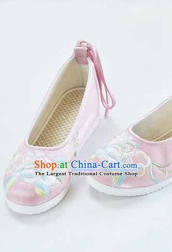 China National Pink Cloth Shoes Traditional Women Hanfu Shoes Embroidered Peony Shoes