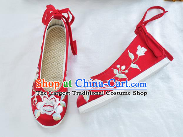 China Embroidered Peony Shoes National Red Cloth Shoes Traditional Wedding Women Hanfu Shoes