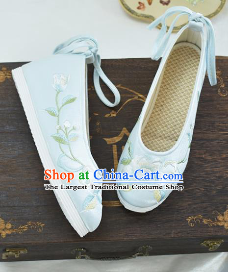 China Women Shoes Traditional Hanfu Shoes Embroidered Peony Shoes National Light Blue Cloth Shoes