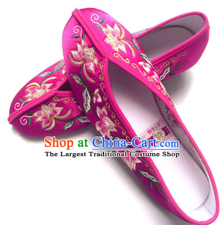 China National Shoes Traditional Rosy Satin Shoes Embroidered Flowers Shoes