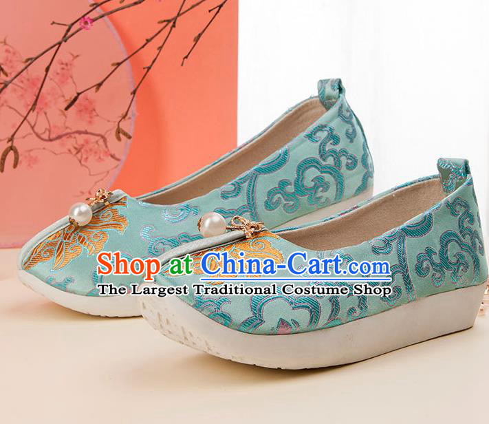 China Handmade Light Green Brocade Shoes Traditional Hanfu Shoes Classical National Shoes
