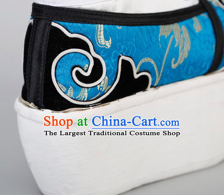 Chinese Traditional Beijing Opera Niche Shoes Handmade Ancient Scholar Blue Brocade Shoes
