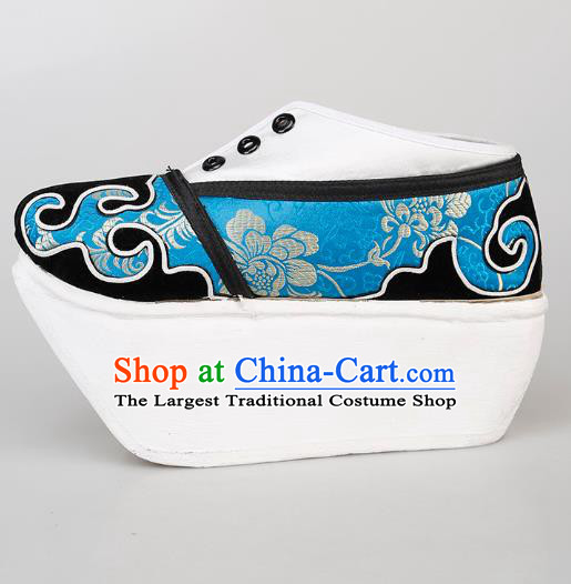 Chinese Traditional Beijing Opera Niche Shoes Handmade Ancient Scholar Blue Brocade Shoes
