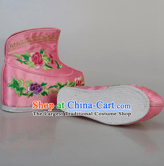 China Ancient Swordswoman Pink Satin Shoes Traditional Peking Opera Blues Embroidered Boots