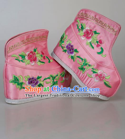 China Ancient Swordswoman Pink Satin Shoes Traditional Peking Opera Blues Embroidered Boots
