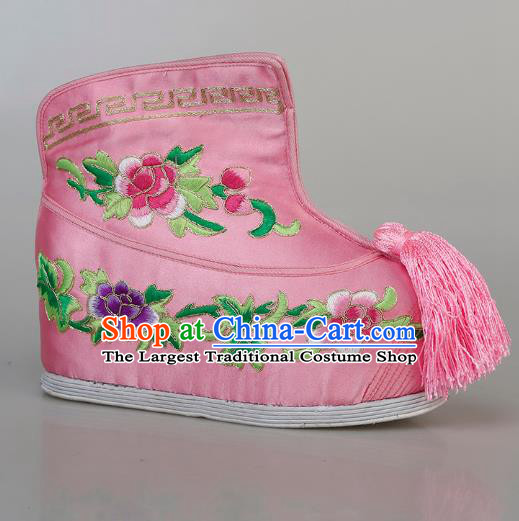 China Ancient Swordswoman Pink Satin Shoes Traditional Peking Opera Blues Embroidered Boots