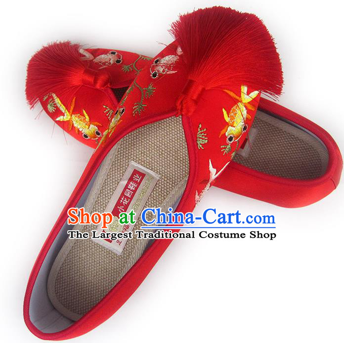 China Traditional Red Satin Shoes Embroidered Goldfish Shoes National Wedding Shoes