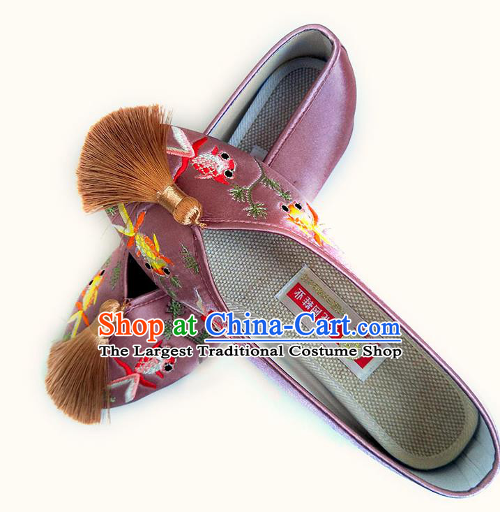 China National Wedding Shoes Traditional Lilac Satin Shoes Embroidered Goldfish Shoes