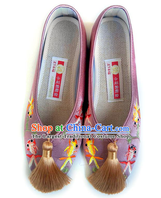 China National Wedding Shoes Traditional Lilac Satin Shoes Embroidered Goldfish Shoes