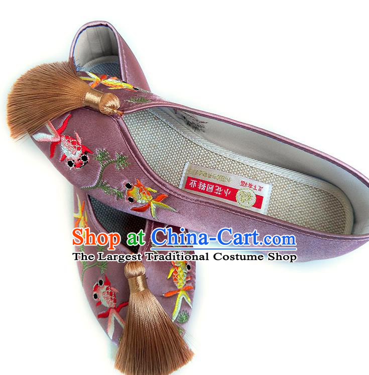 China National Wedding Shoes Traditional Lilac Satin Shoes Embroidered Goldfish Shoes