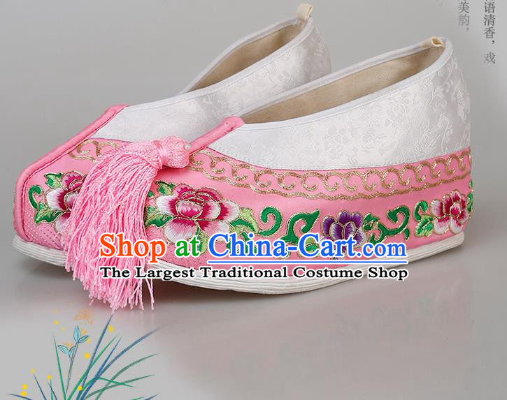 China Ancient Princess Pink Satin Shoes Traditional Peking Opera Diva Embroidered Peony Shoes