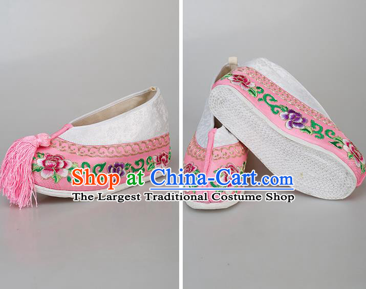 China Ancient Princess Pink Satin Shoes Traditional Peking Opera Diva Embroidered Peony Shoes