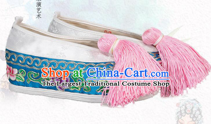 China Traditional Peking Opera Actress Embroidered Peony Shoes Ancient Rich Lady Blue Satin Shoes