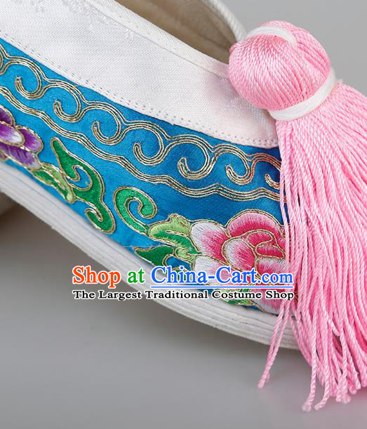 China Traditional Peking Opera Actress Embroidered Peony Shoes Ancient Rich Lady Blue Satin Shoes