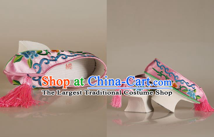 China Traditional Peking Opera Hua Tan Embroidered Shoes Ancient Qing Dynasty Princess Pink Satin Shoes