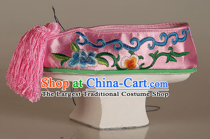 China Traditional Peking Opera Hua Tan Embroidered Shoes Ancient Qing Dynasty Princess Pink Satin Shoes