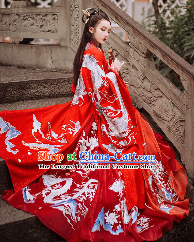 China Traditional Embroidered Wedding Hanfu Costumes Ancient Jin Dynasty Palace Beauty Historical Clothing Full Set