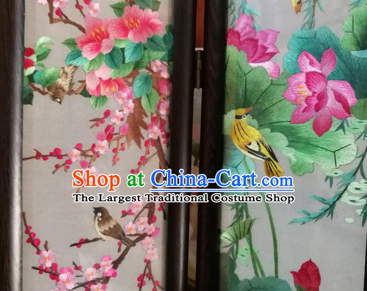 Chinese Embroidery Plum Lotus Peony Chrysanthemum Desk Ornaments Handmade Rosewood Carving Folding Screen