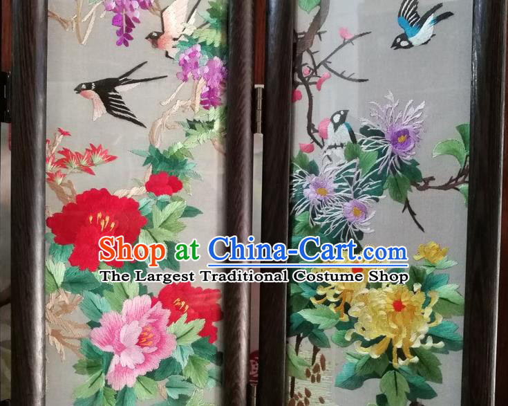 Chinese Embroidery Plum Lotus Peony Chrysanthemum Desk Ornaments Handmade Rosewood Carving Folding Screen