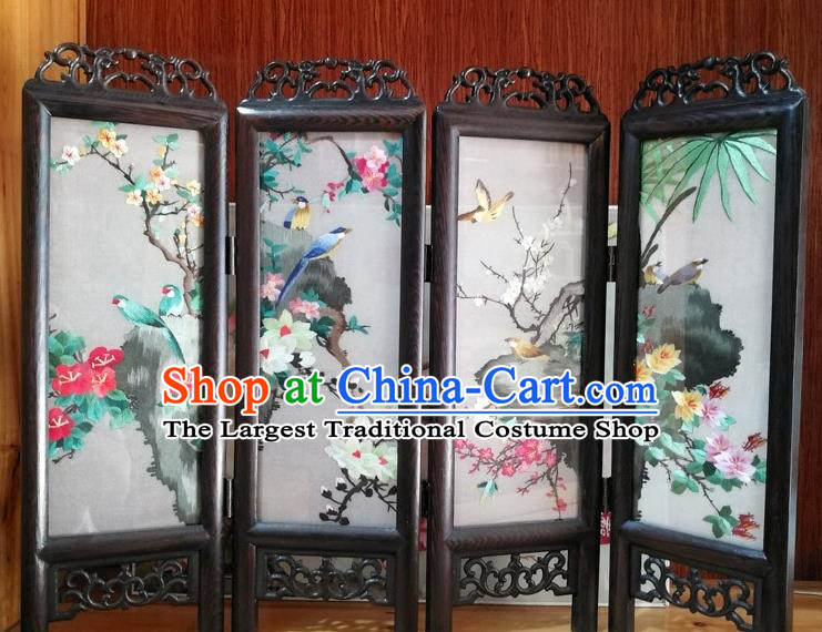 Chinese Handmade Rosewood Carving Folding Screen Embroidery Flowers Birds Desk Ornaments