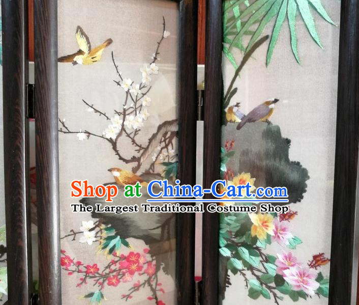 Chinese Handmade Rosewood Carving Folding Screen Embroidery Flowers Birds Desk Ornaments