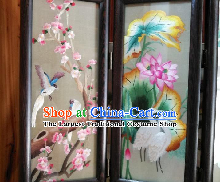 Chinese Handmade Rosewood Craft Folding Screen Suzhou Embroidery Plum Lotus Peony Chrysanthemum Desk Ornaments
