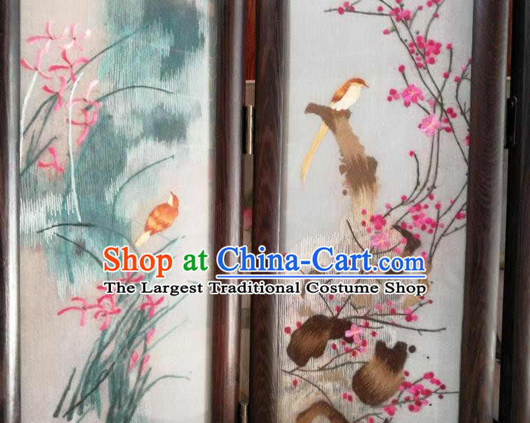 Chinese Desk Ornaments Handmade Rosewood Craft Suzhou Embroidery Plum Orchids Bamboo Chrysanthemum Folding Screen