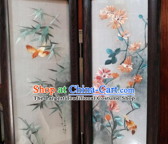 Chinese Desk Ornaments Handmade Rosewood Craft Suzhou Embroidery Plum Orchids Bamboo Chrysanthemum Folding Screen