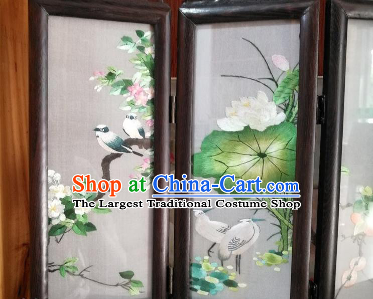 Chinese Suzhou Embroidery Silk Folding Screen Desk Ornaments Handmade Rosewood Craft