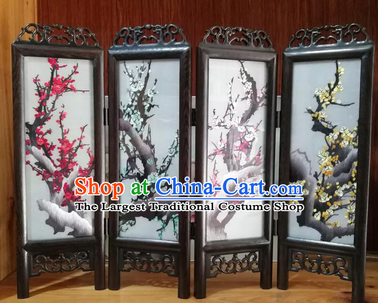 Chinese Handmade Rosewood Craft Suzhou Embroidery Plum Blossom Silk Folding Screen Desk Ornaments