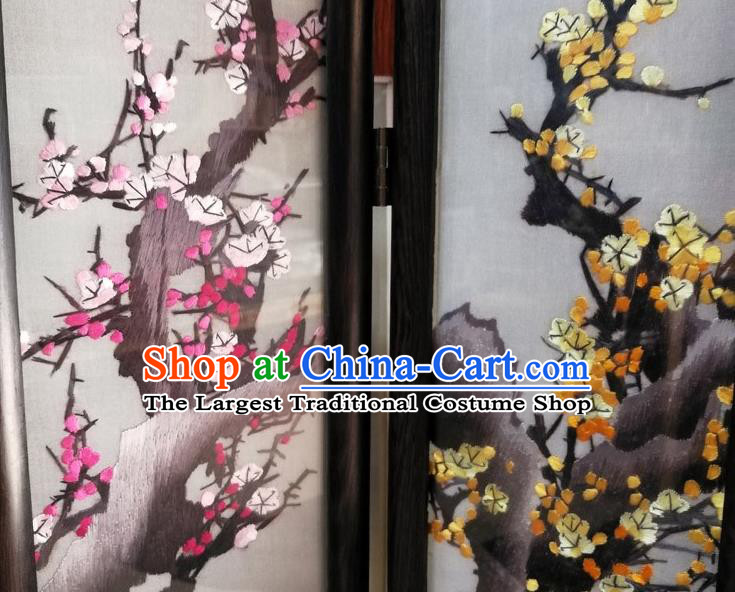 Chinese Handmade Rosewood Craft Suzhou Embroidery Plum Blossom Silk Folding Screen Desk Ornaments