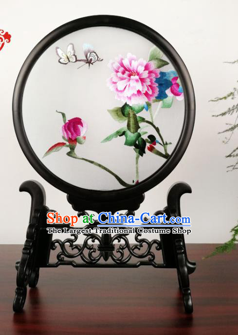 China Traditional Handmade Blackwood Desk Ornament Double Side Silk Screen Suzhou Embroidery Peony Table Screen