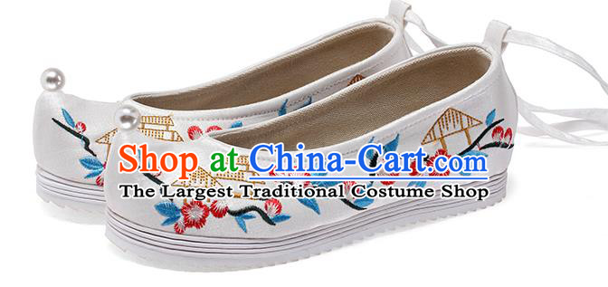 China Embroidered White Satin Shoes Ancient Princess Shoes Traditional Hanfu Pearl Shoes