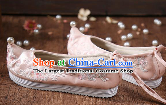 China Ancient Princess Pink Cloth Shoes Traditional Ming Dynasty Embroidered Peony Hanfu Shoes National Women Shoes