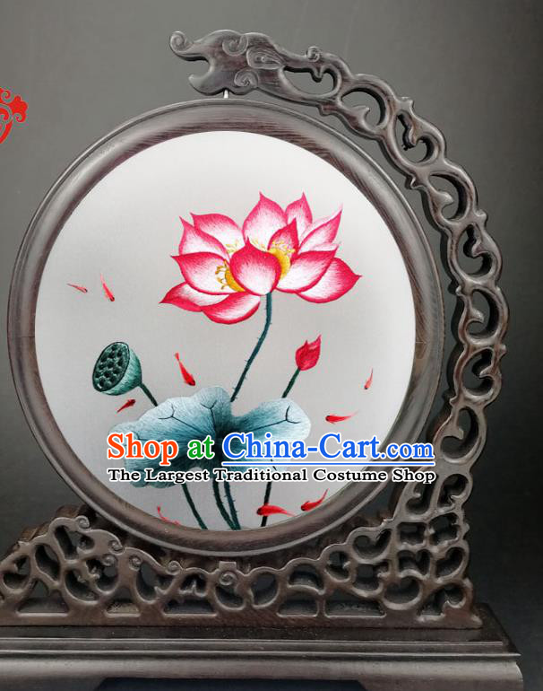 Chinese Handmade Double Side Silk Screen Embroidered Lotus Table Screen Traditional Wenge Screen